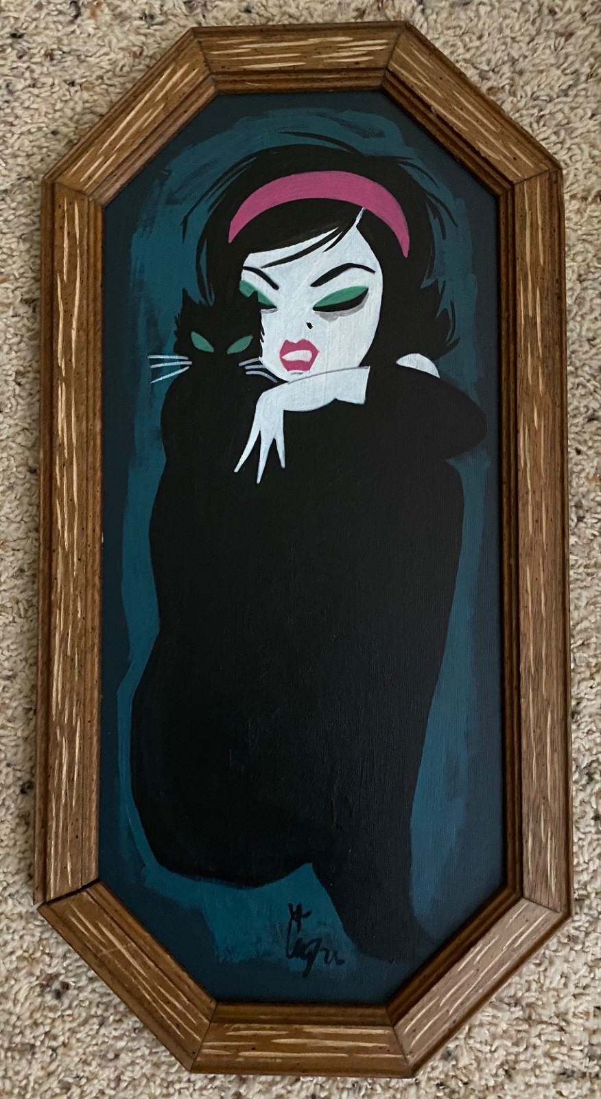 El Gato Gomez Original Art – Mod Beatnik Girl with Black Cat in Vintage Frame