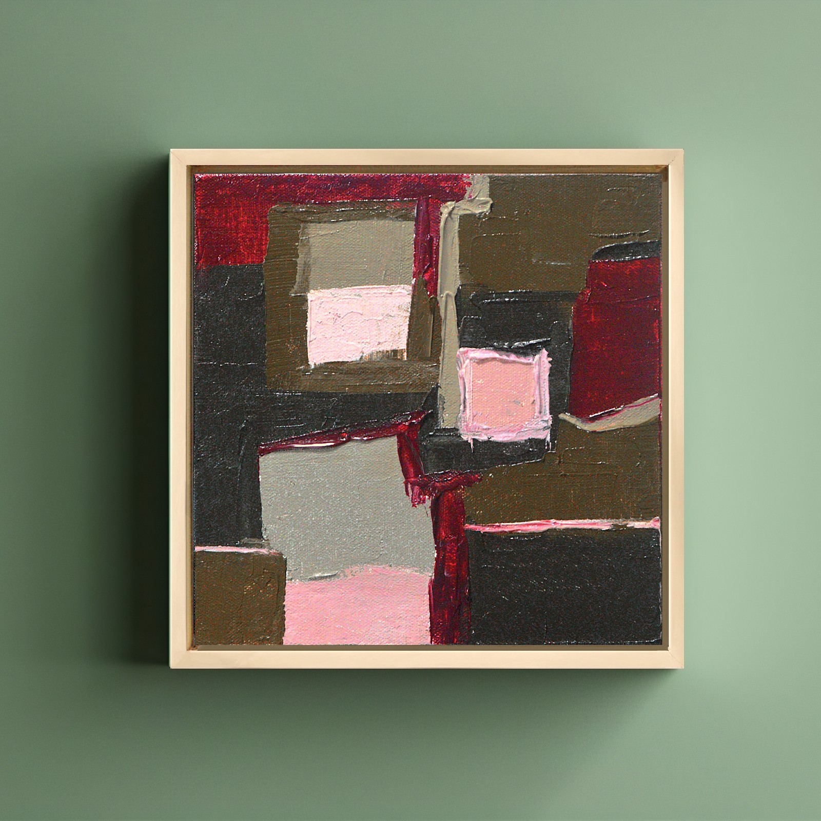 Framed Geometric Abstract Oil Painting Bold Red Pink Olive Green Textured Wall A