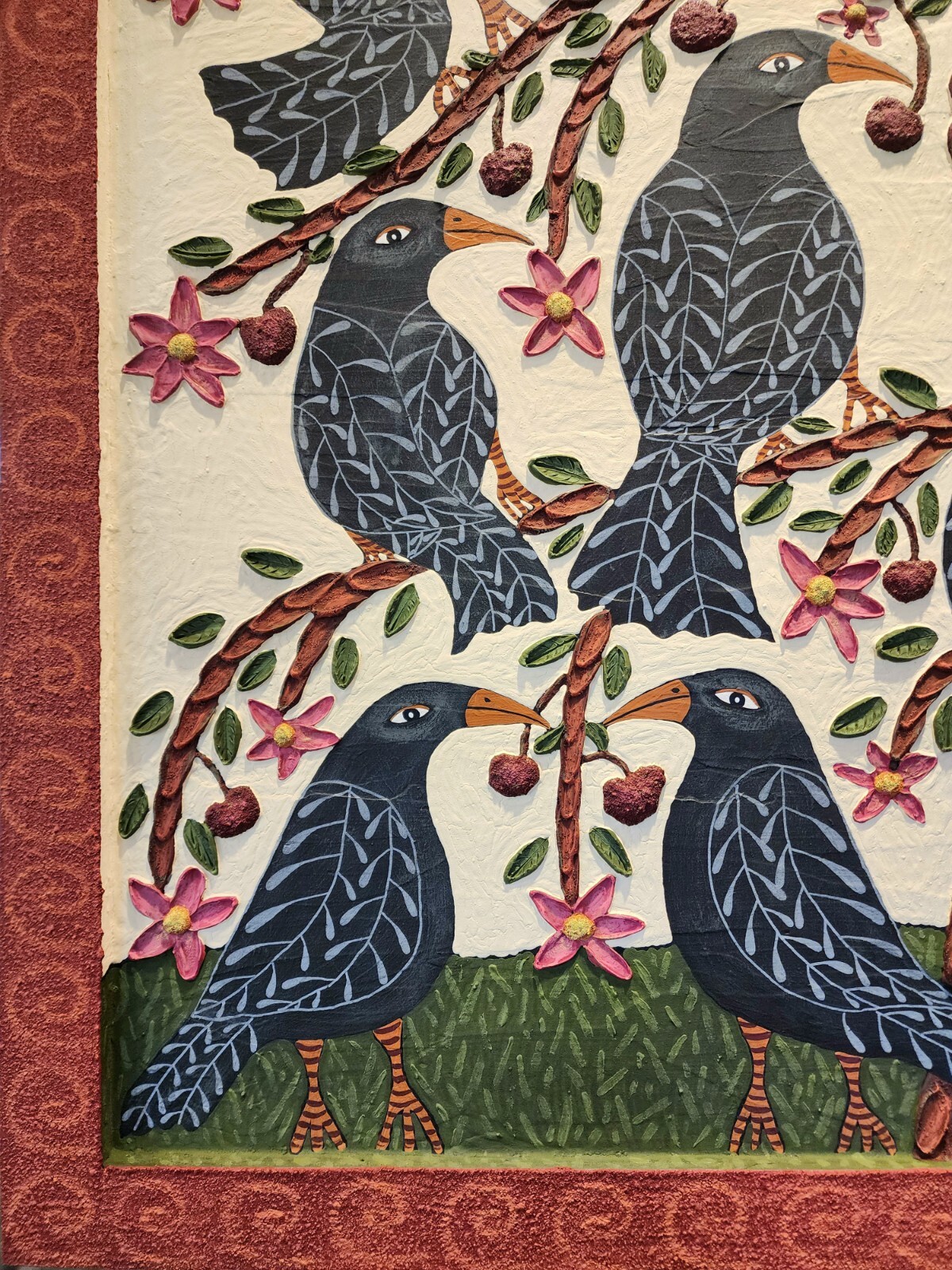 Danette Sperry Southern Primitive Crow Bird Folk Art Painting «Cherry Paradise «