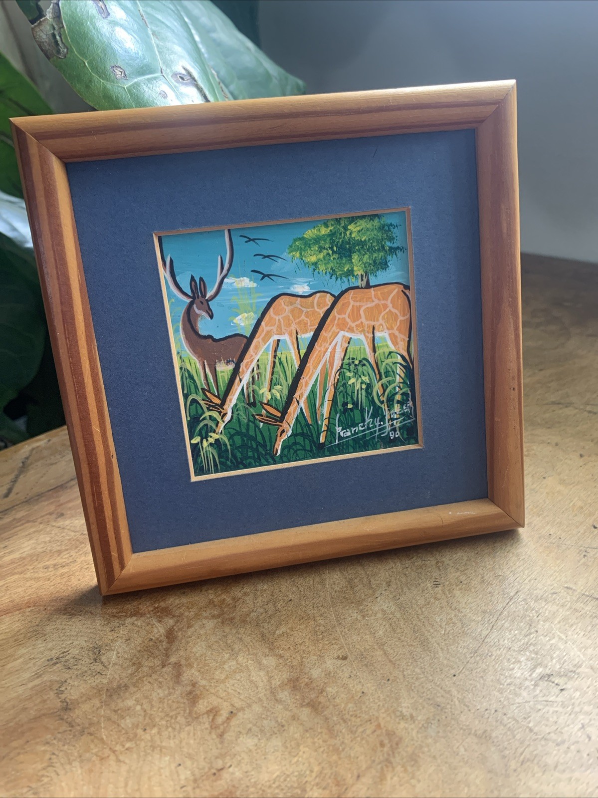 Handpainted Artist Signed Authentic Caribbean Art 1990 Giraffes Antelope Matted