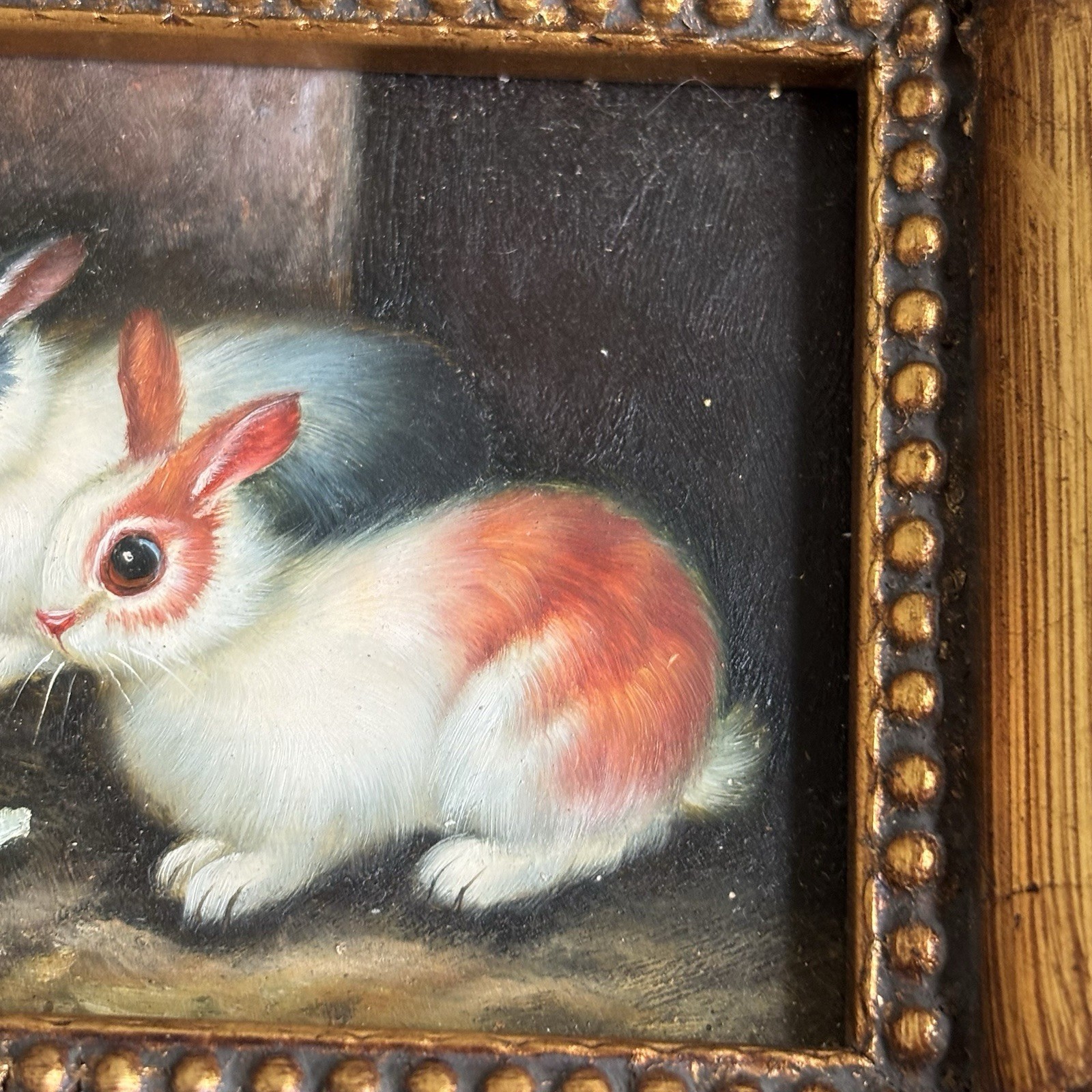 Vintage Bunny Rabbit Painting Gold Frame Ornate French Country Style Florentine