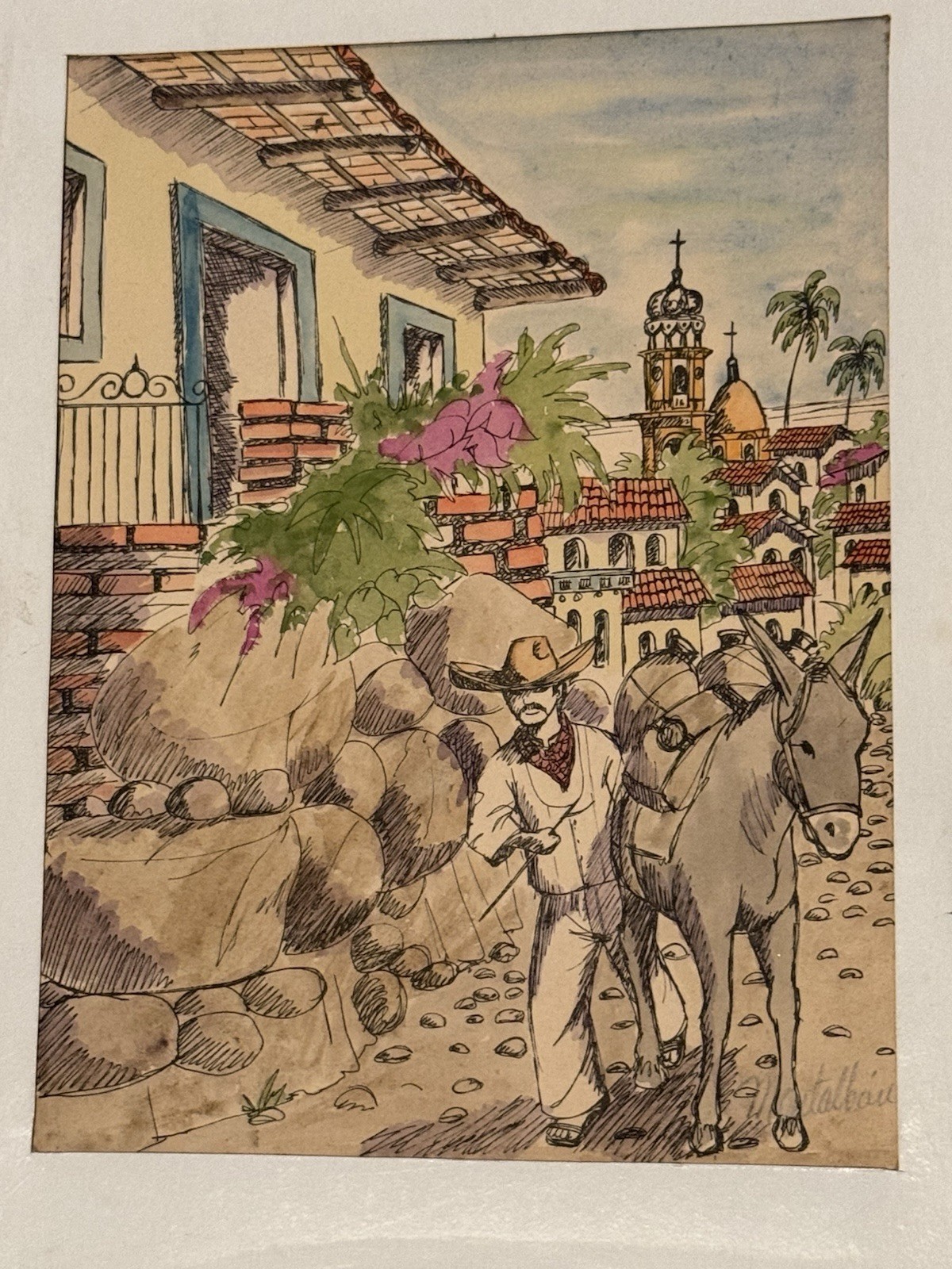 Vintage Water Colour Art Painting Drawing Historical Latin American Theme Signed