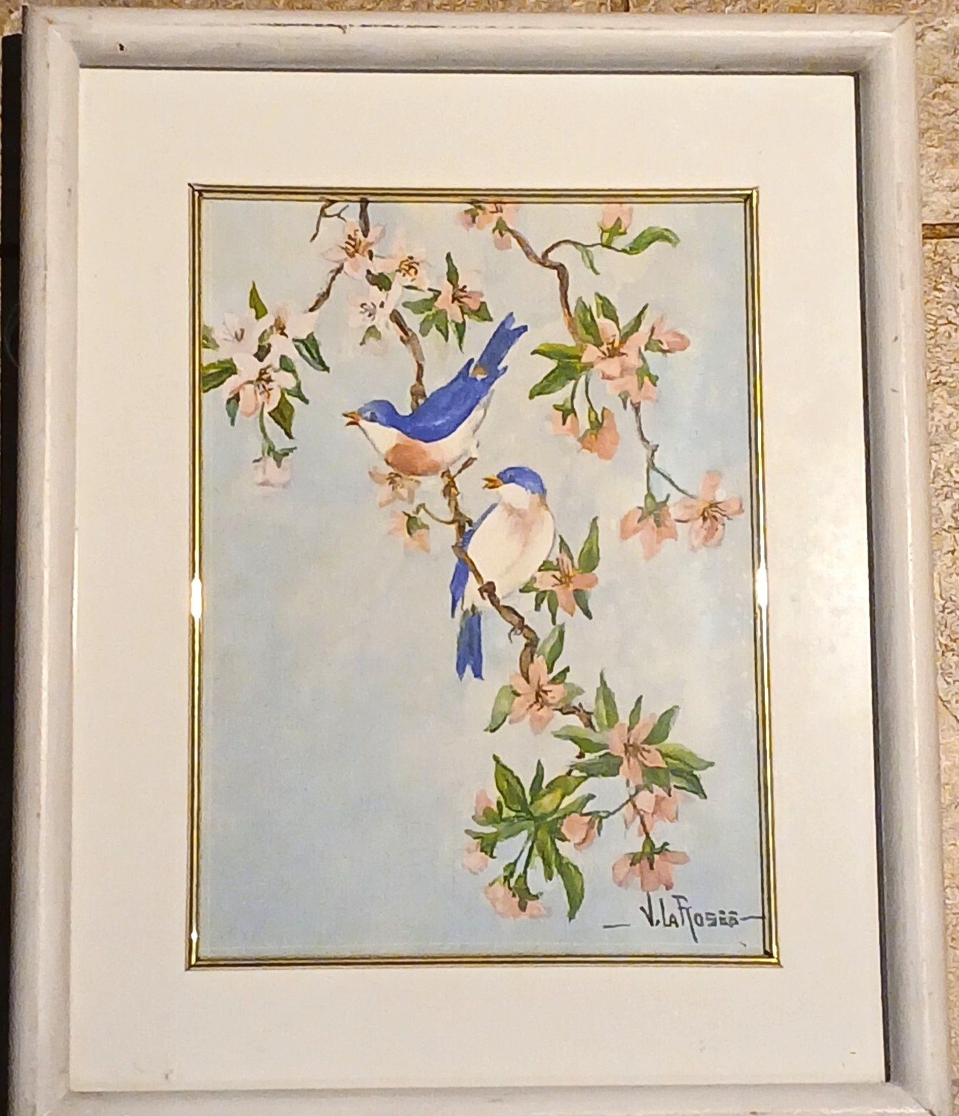 Framed Bluebirds On Cherry Blossoms Watercolor Painting By Viola La Rosee #WS