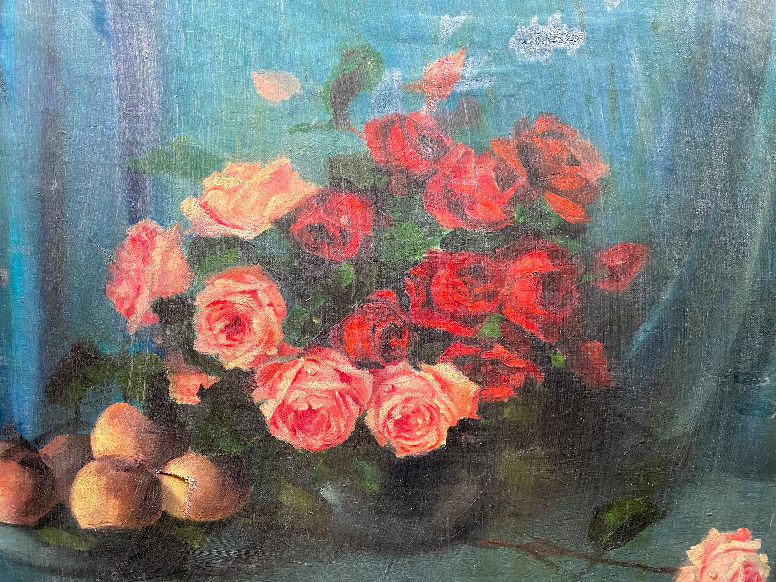 Oil Painting Still Life Red & Pink Roses and Peaches in Bowl