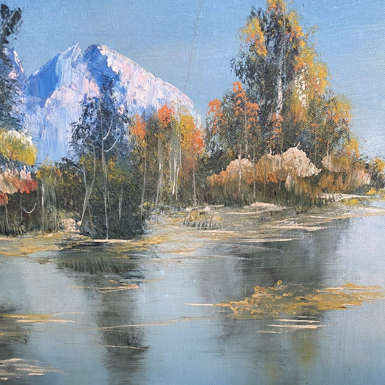 VTG Oil Painting Autumn Lake Mountain Landscape Scenery Signed Wood Frame Canvas