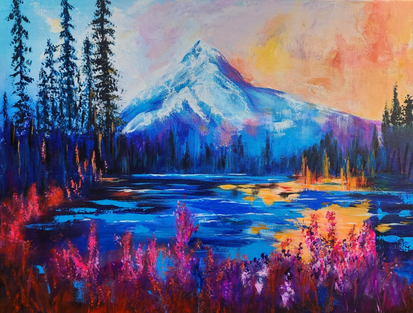 Mount Hood Landscape – 24×18 Acrylic & Oil Mountain Lake Painting