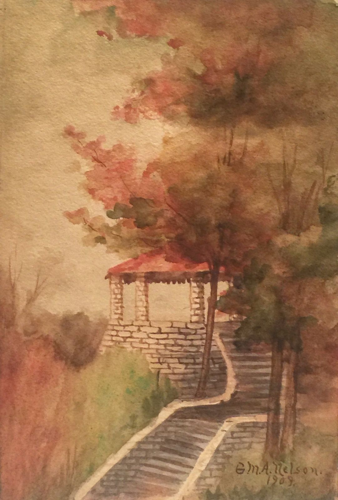 1909 G M A NELSON ANTIQUE WATERCOLOR LANDSCAPE STUDY W BUILDING STAIRS PAINTING