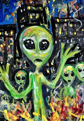 Original ACEO Painting ALIEN Spaceship Stars Fire War City Universe UFO ATC ART