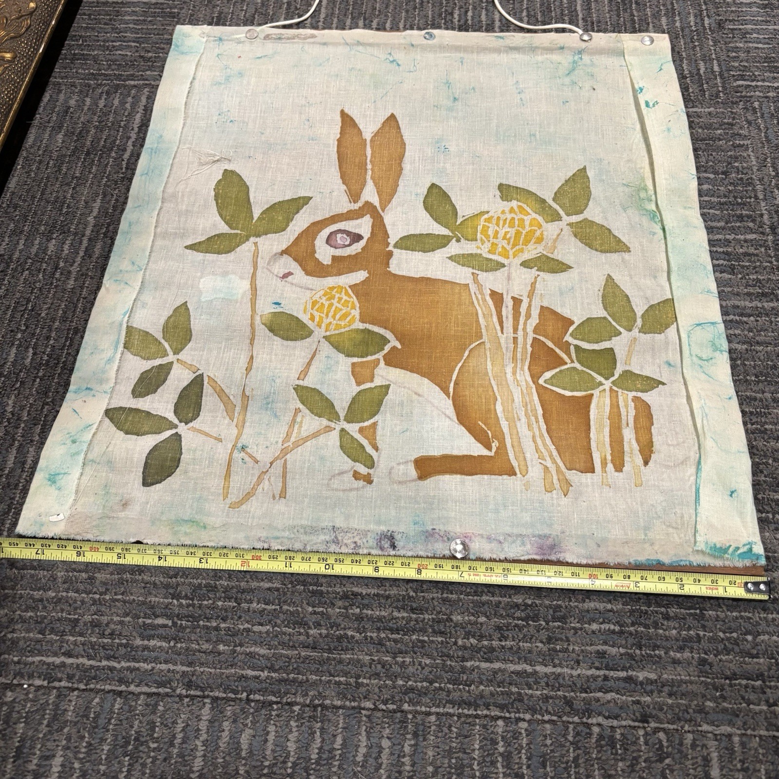 VINTAGE BATIK SILK FABRIC PAINTING Bunny Rabbit MCM TEXTILE FOLK ART 18 X 25 in