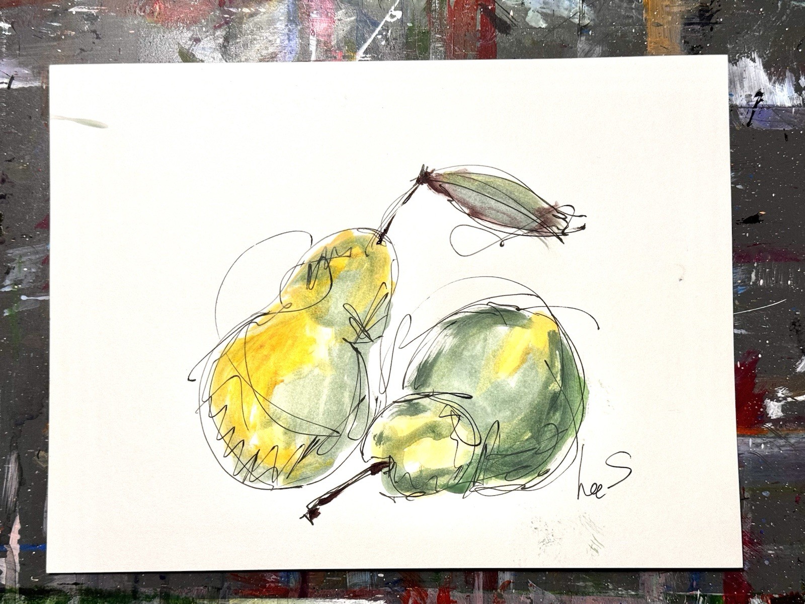 Original Abstract Expressionism 9X12 Pears Paper Ink Colorful Handmade Signed 15