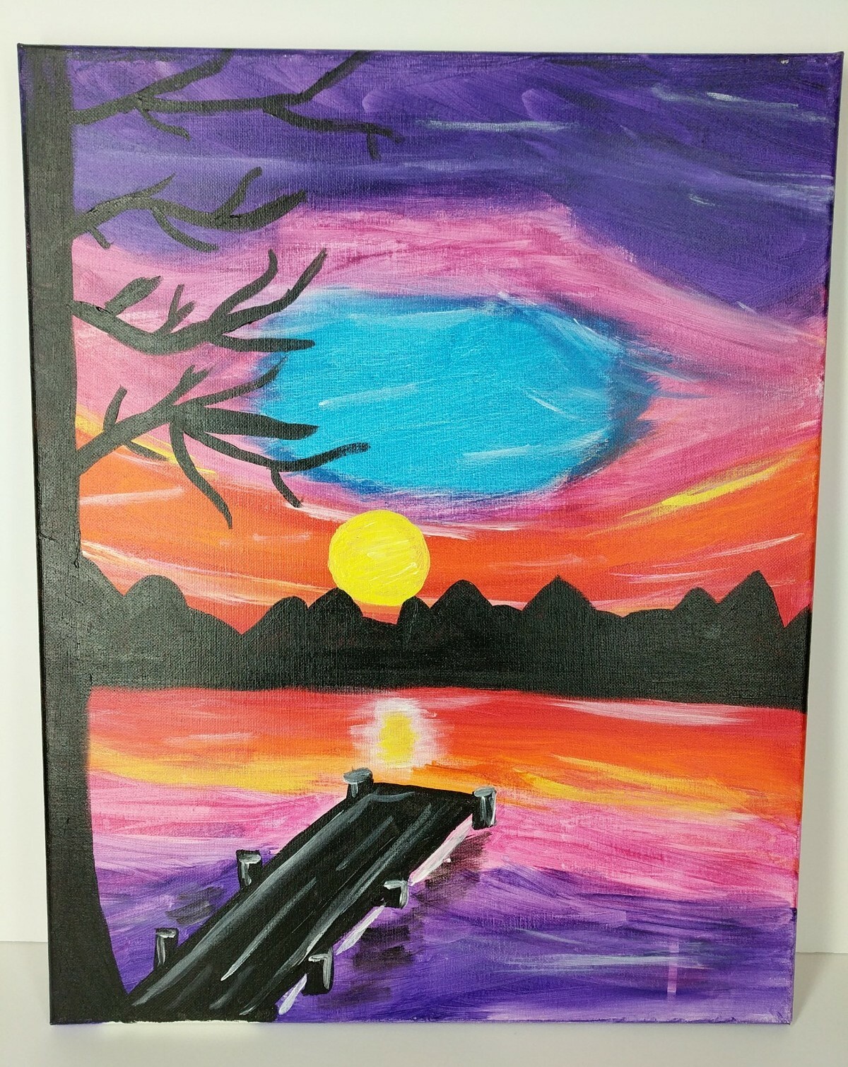Sunset at Lake Pier Primary Bold Color Acrylic Painting Canvas 20″x16″