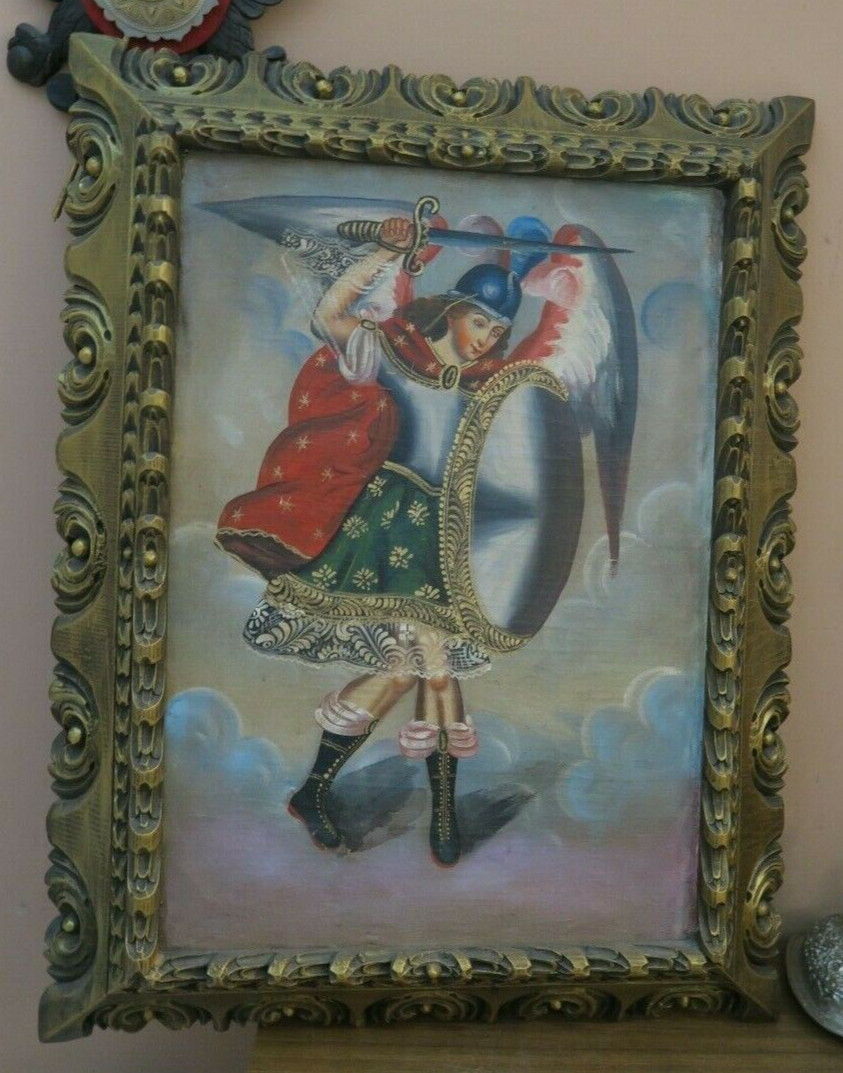 Vintage Framed Gouache Painting St Raphael The Archangel Wall Art Handmade