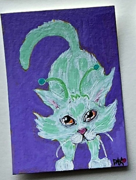 Original ACEO Alien Cat Green Sci-fi Miniature Pet Dulce Maria Rico»STELLAR» 2/4