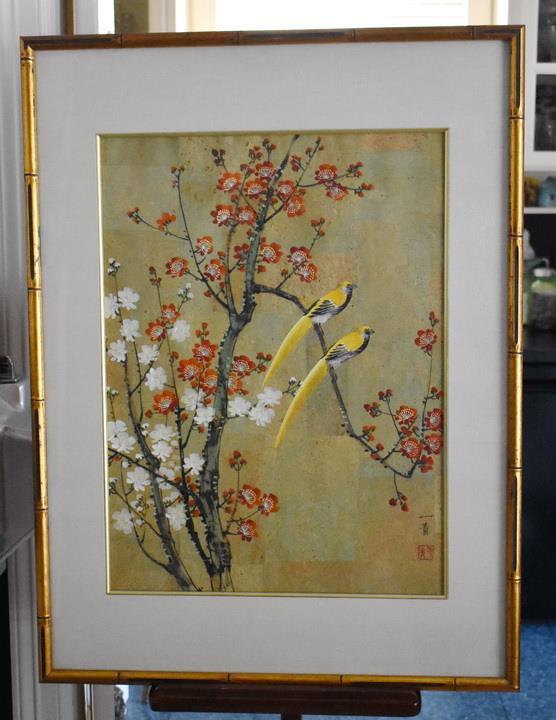 LOVELY HAND PAINTED SIGNED ASIAN WATERCOLOR PAINTING BIRDS AND FLORAL MOTIF #1