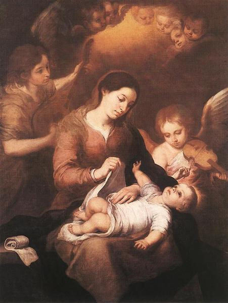 oil painting on canvas-Mary and Child with Angels Playing Music