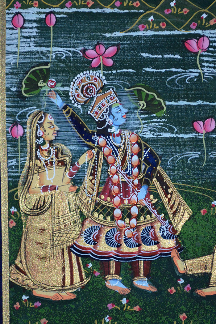 Radha Krishna Miniature Original Painting on Silk Cloth India Natural Colors!