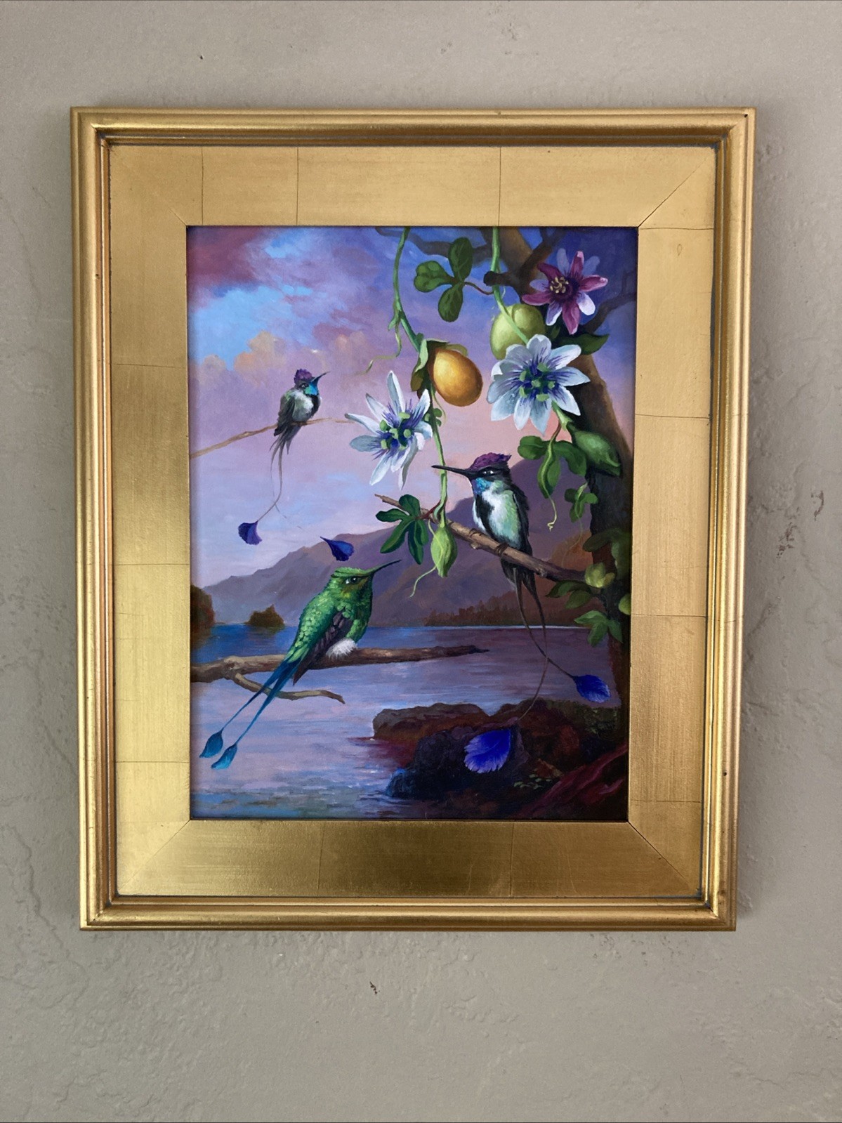 Vintage Original Acrylic Painting Exotic Birds Flowers Fruit Landscape Signed