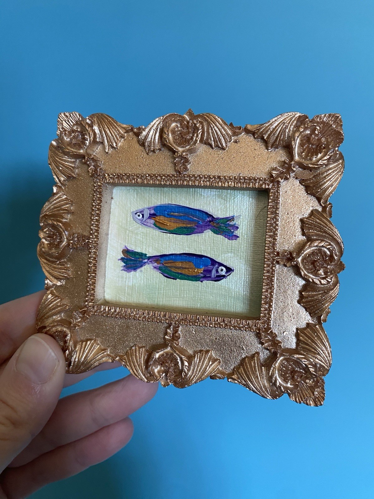 Fish Sardines ,Original,3/3,5framed,gold,miniature,small,mini