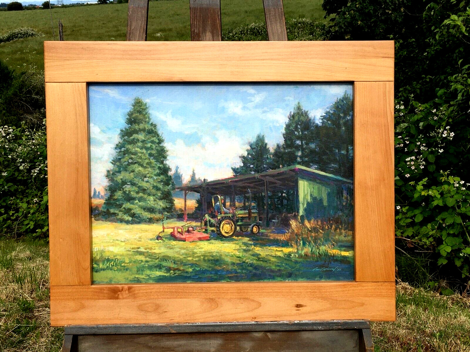 JOHN DEERE TRACTOR: Original oil painting-Handmade Custom Cherry Wood Frame-MINT