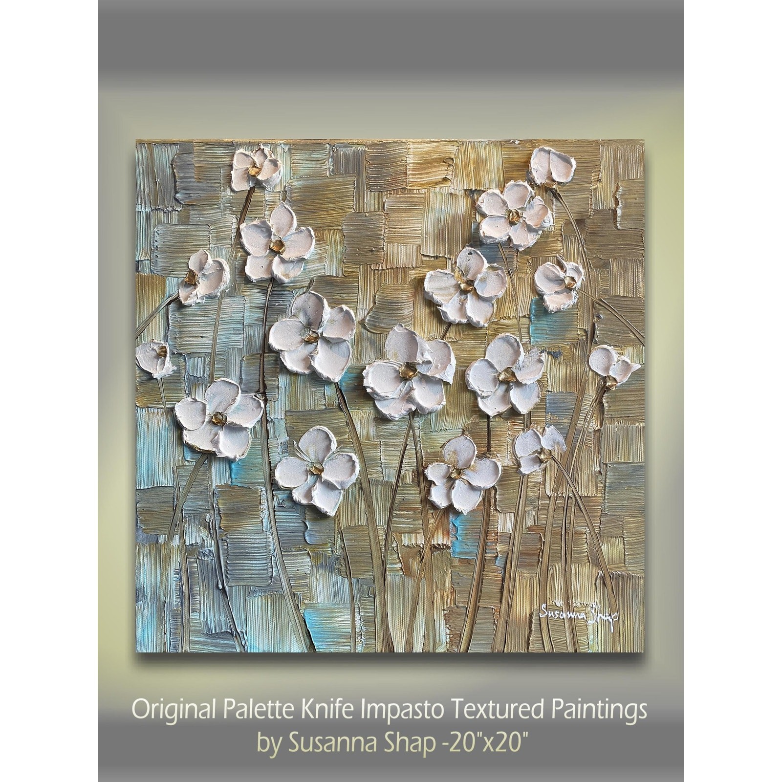 ORIGINAL Abstract White Flowers Palette knife Impasto Painting Fine Art 20″