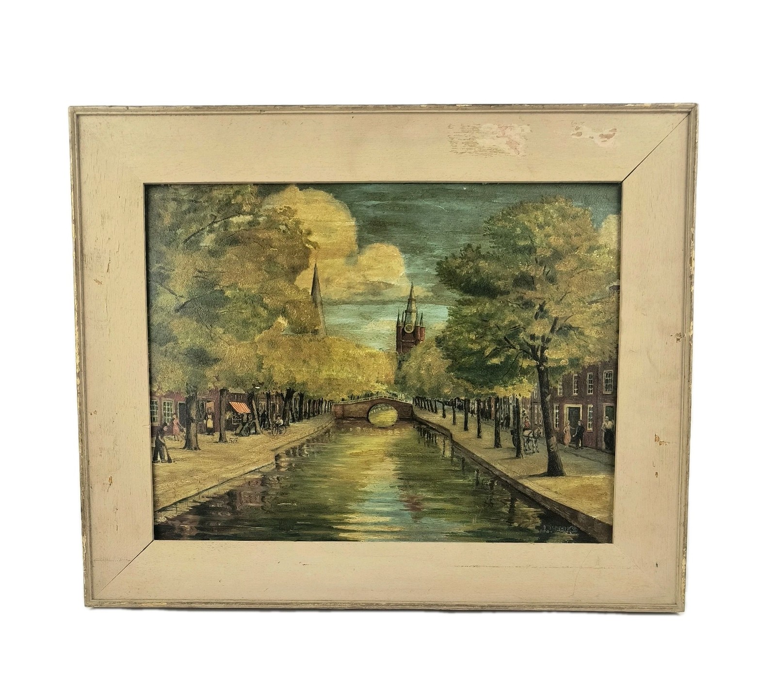 Vintage Oil Painting City Bridge over Dutch Delft Canal Netherlands Signed