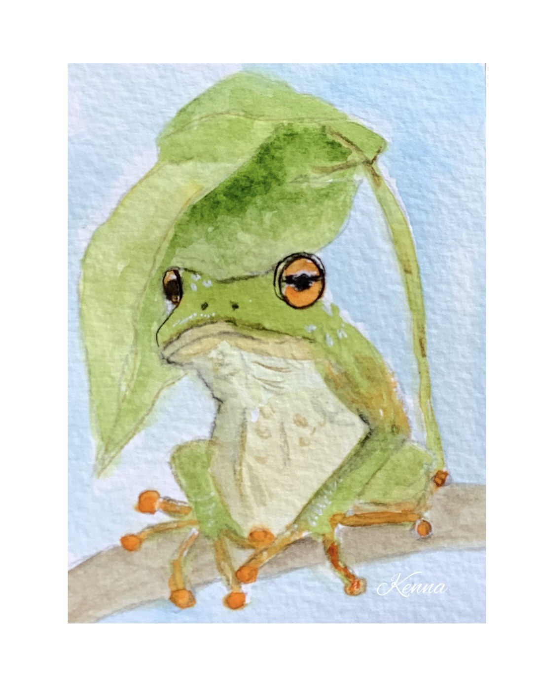 ACEO By Kenna Watercolour Painting Green Frog 2.5” X 3.5” Signed Original ATC