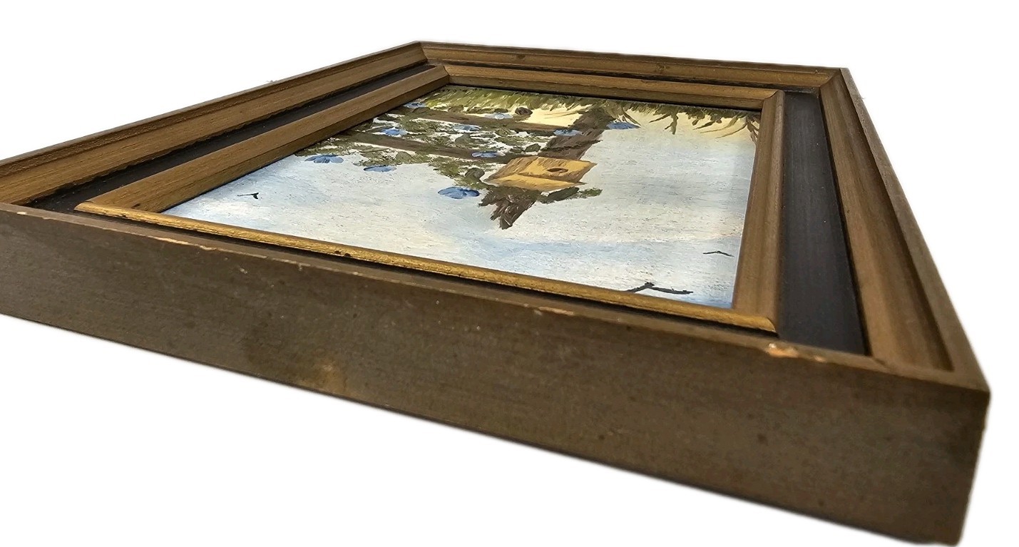 Vtg Original Oil Acrylic Painting Homestead Scene Birdhouse Blue Flowers Vines
