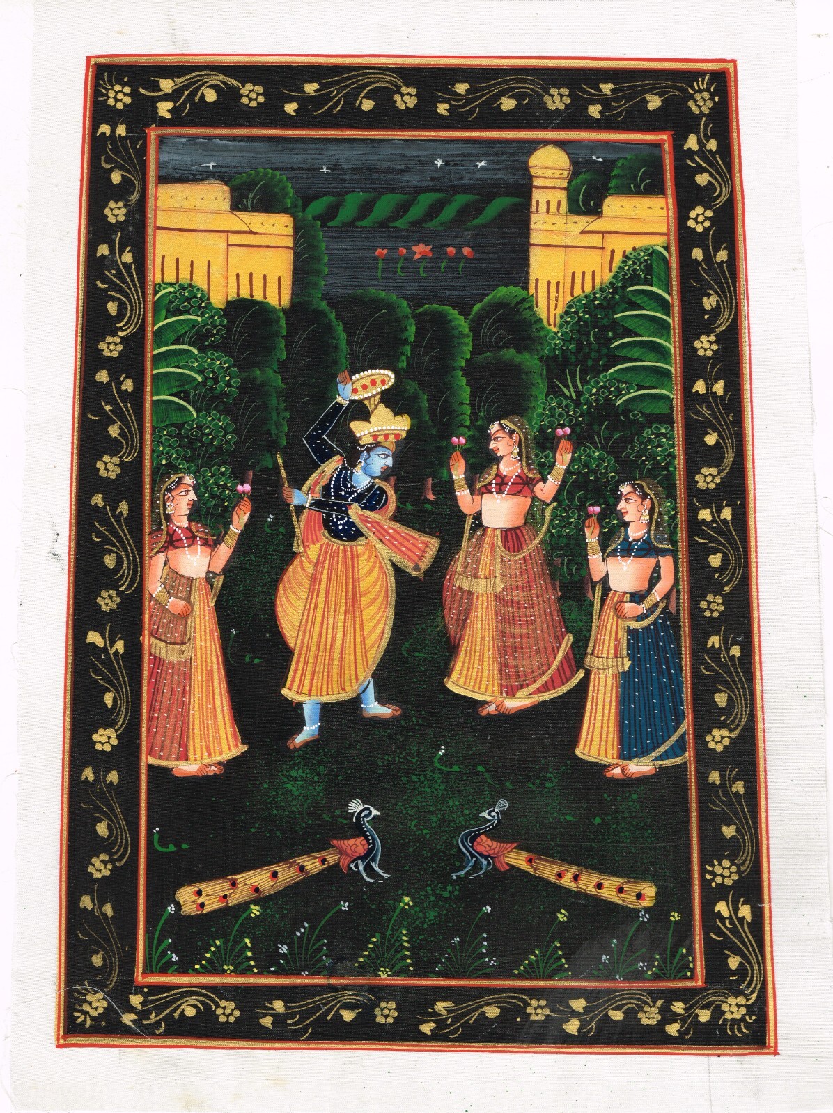Religious Art Painting Of Radha Krishna Dancing Art On Silk Cloth 10×13.5 Inches
