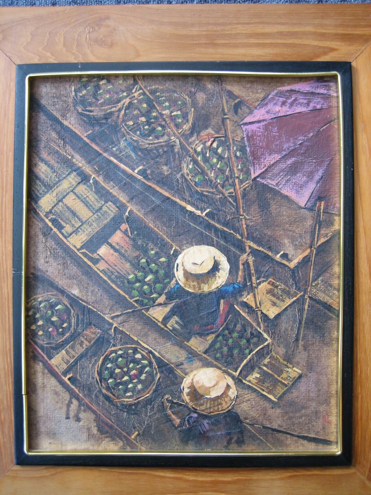 Vintage «The traders on the river» framed oil painting on board by AT