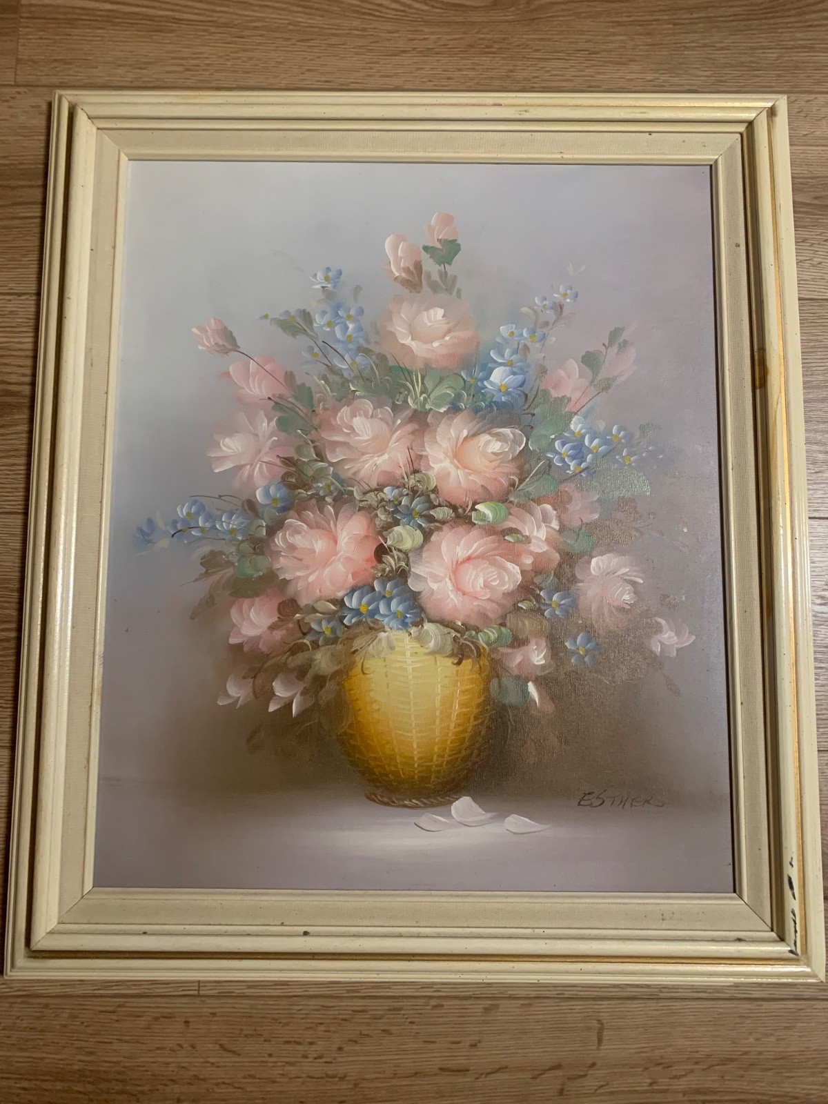 Vintage Oil Painting Roses Floral Still Life Yellow Vase Signed Esther Framed