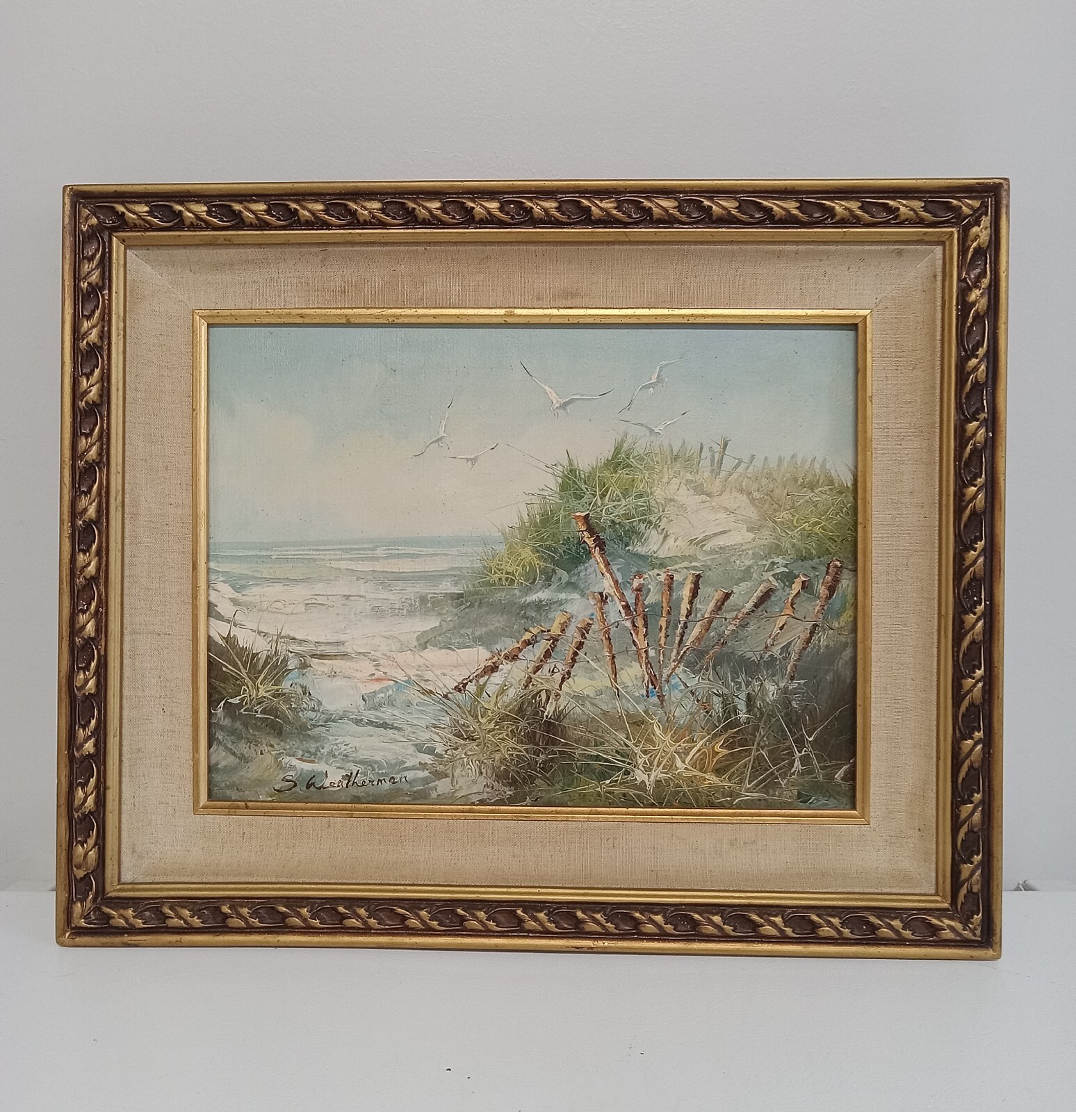 Vintage Framed Matted S. Weatherman Beach Seagull Landscape