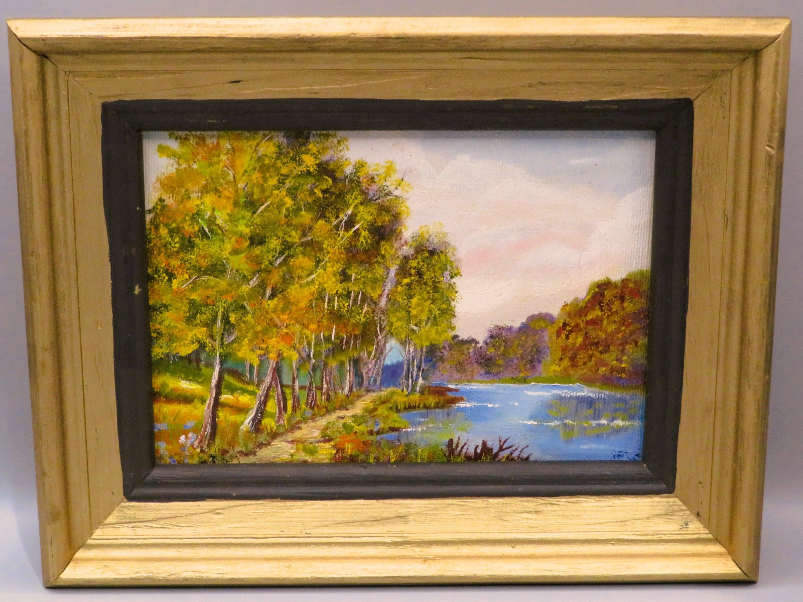 Original Acrylic Art Painting Signed Wood Frame Water Trees Autumn 7.5″ X 9.5″