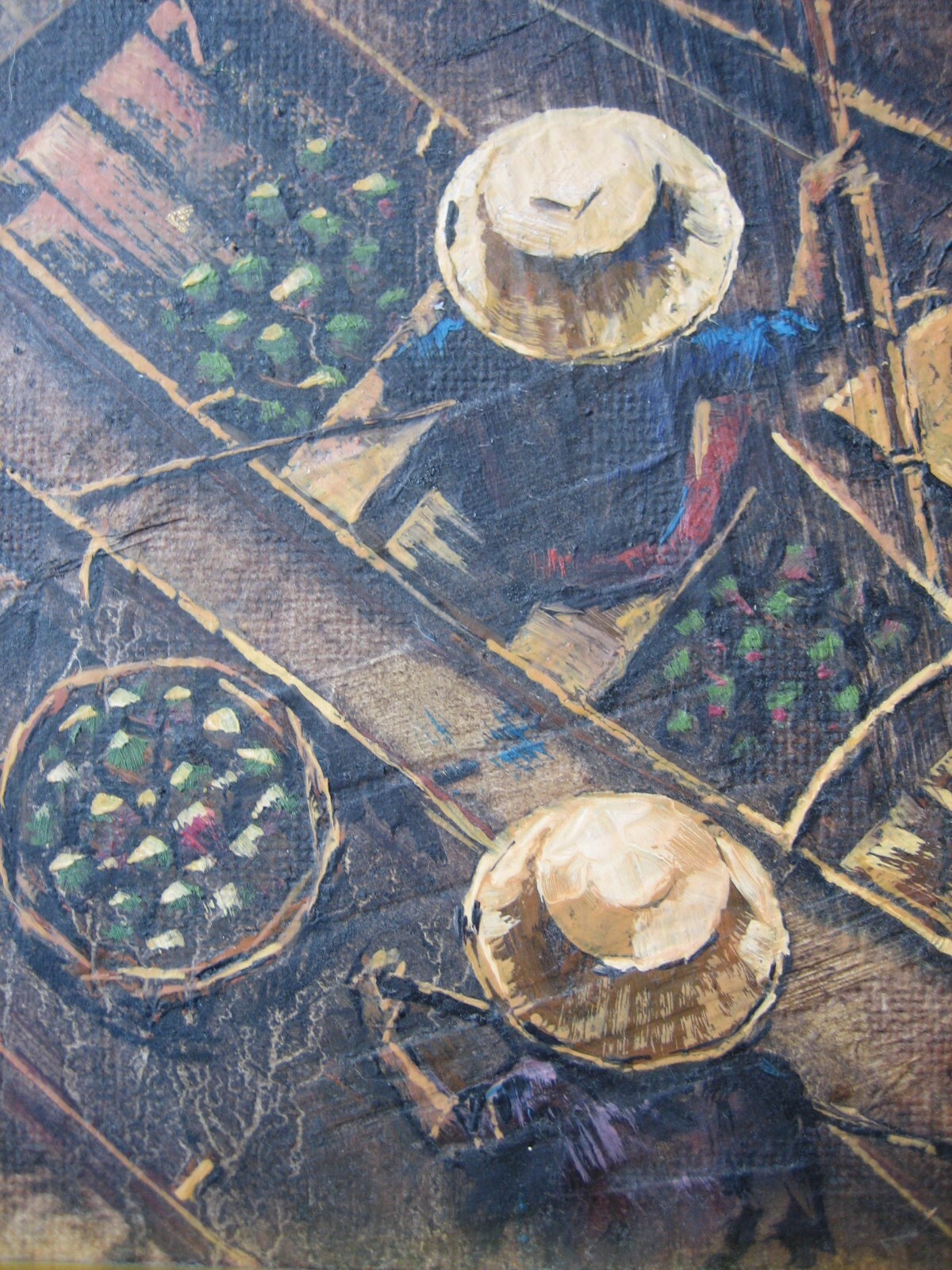 Vintage «The traders on the river» framed oil painting on board by AT