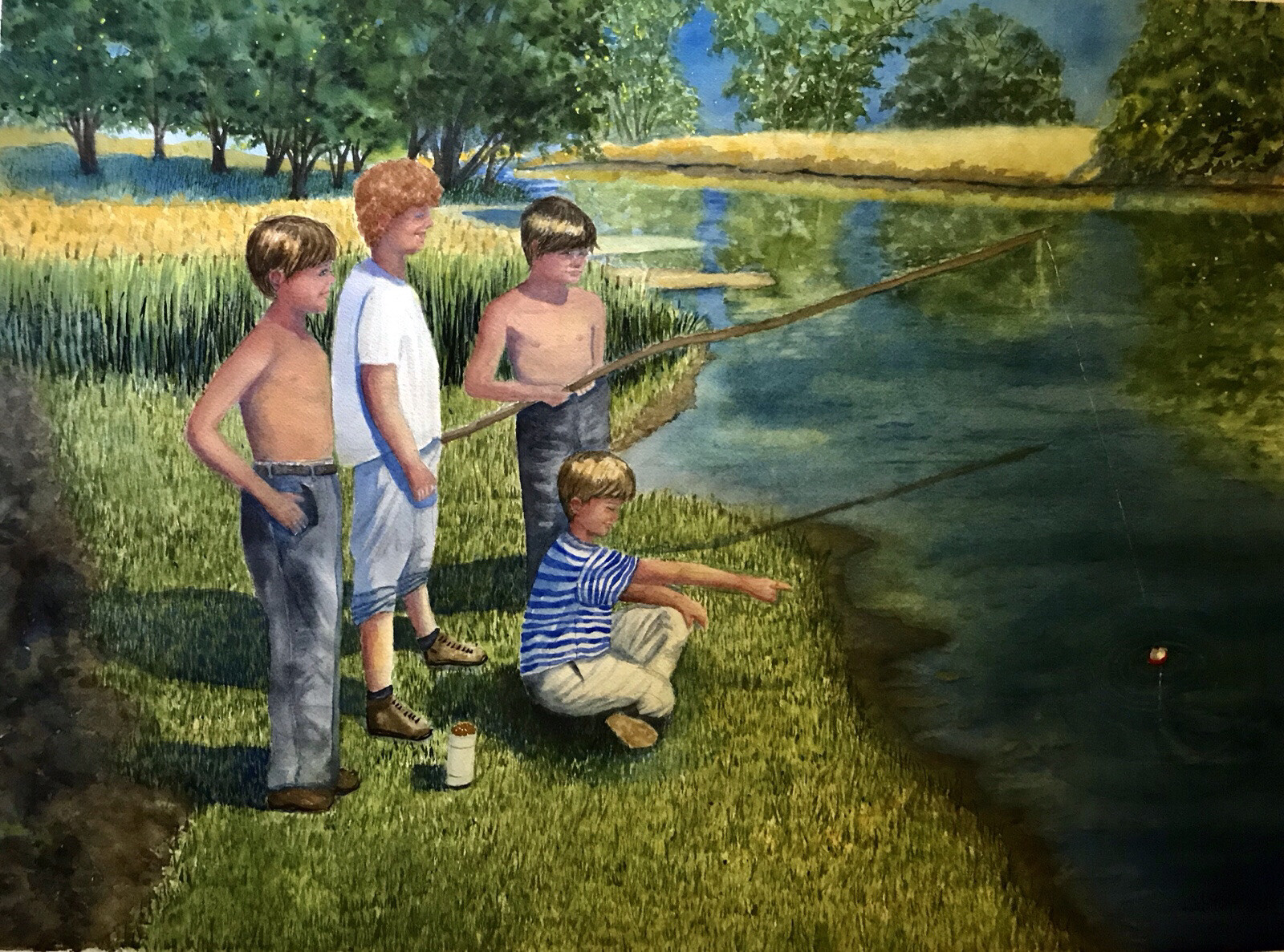 ORIGINAL Watercolor 17×22 Nostalgic Childhood Memory Fishing River Landscape Art