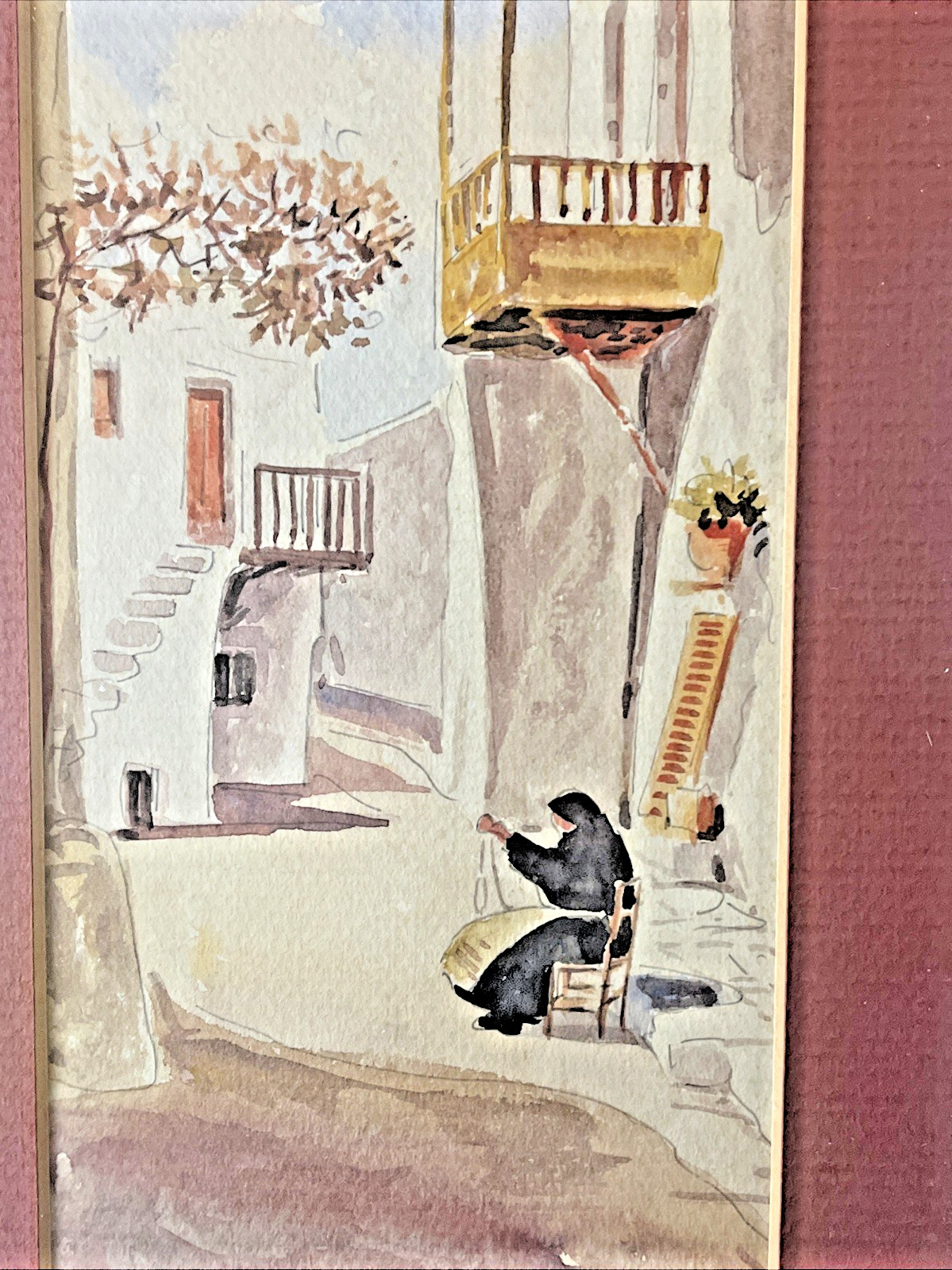 Possibly a Mediterranean Village Seated Woman with Apron 5 7/8″ x 9 1/8″