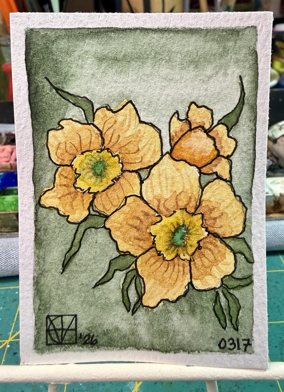 ACEO Painting by M. Hackney Flowers Botanical Watercolor Ink, Signed, 2.5×3.5″