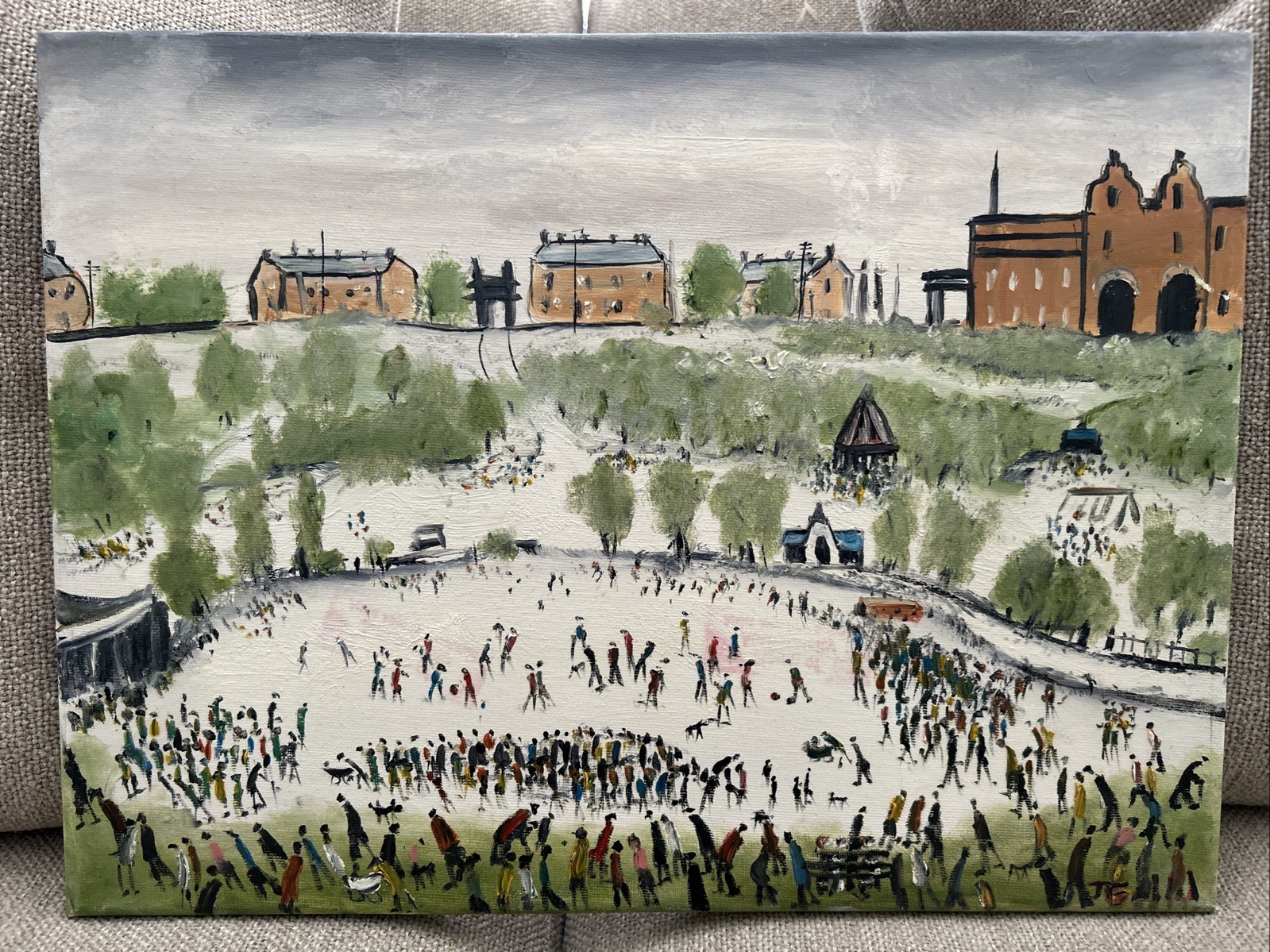 John Goodlad UK, Oil on Canvas, Manchester Park After LS Lowry, 12” X 16”