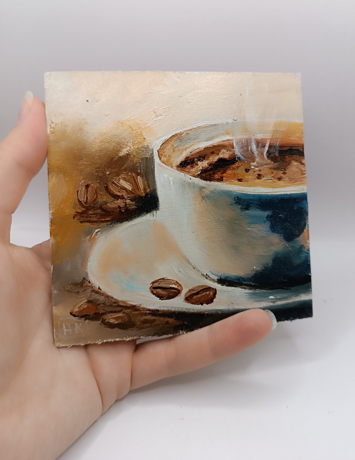 Original Coffee Cup Oil Painting Impasto Food Art Framed Miniature 4×4″