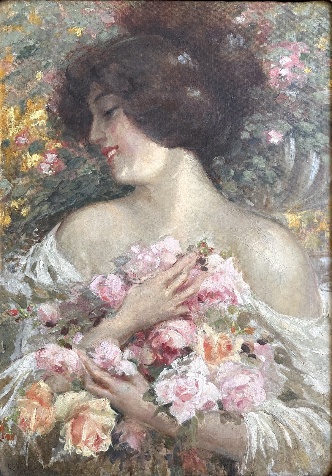 Woman with Roses by Carlo Ciappa 1923 Italian oil painting