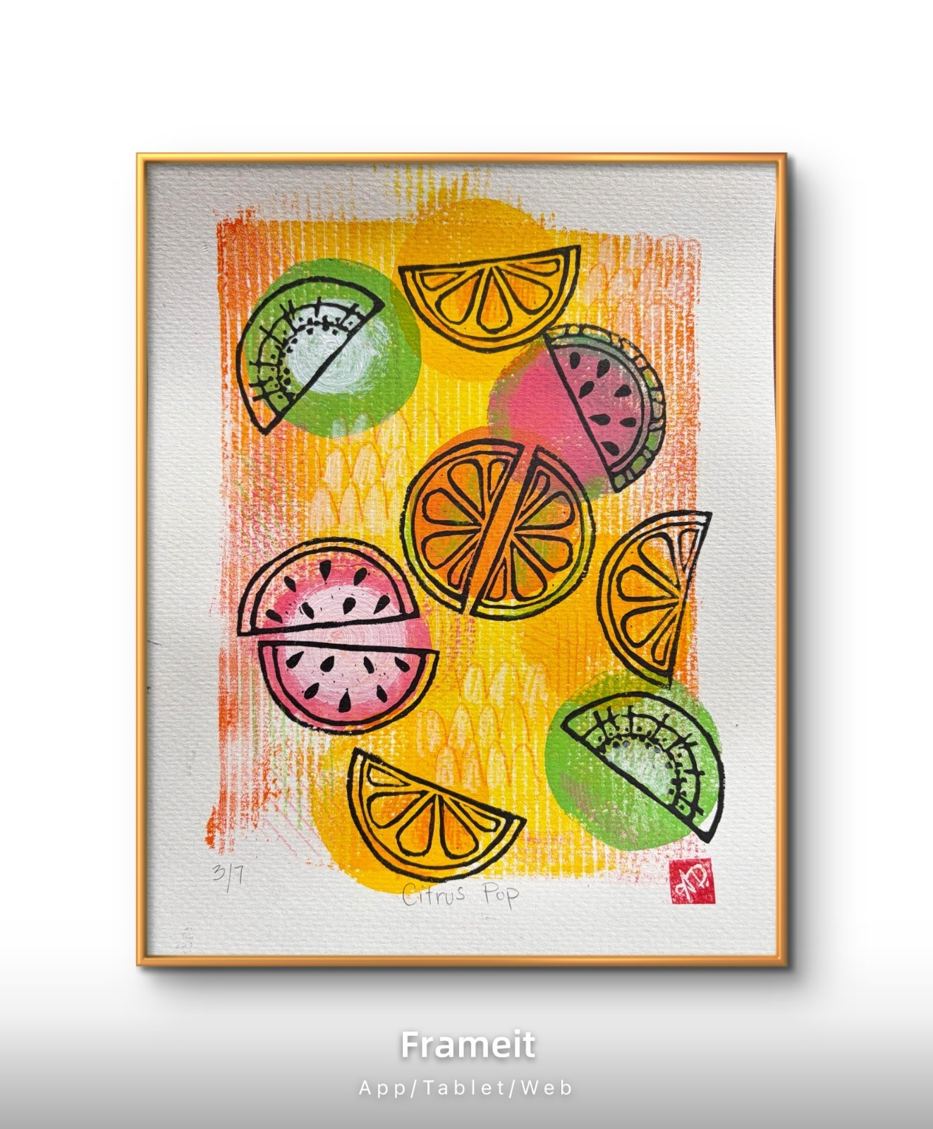 Citrus Pop 3/7 Linocut Print By Alannah Dyer- Acrylic 8×10 in. Unique Food Slice