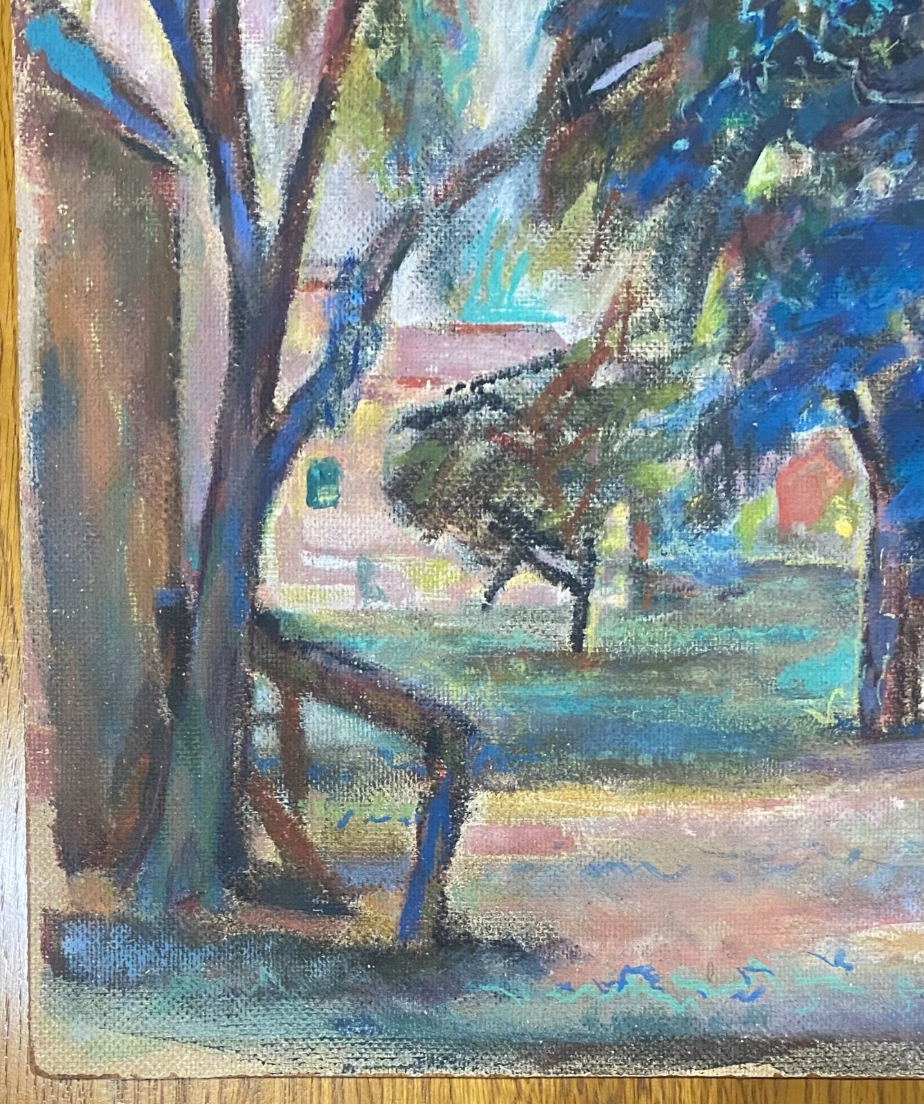 Colorful Original Modernist / Impressionist Artist Oil on Board W/ House & Pond