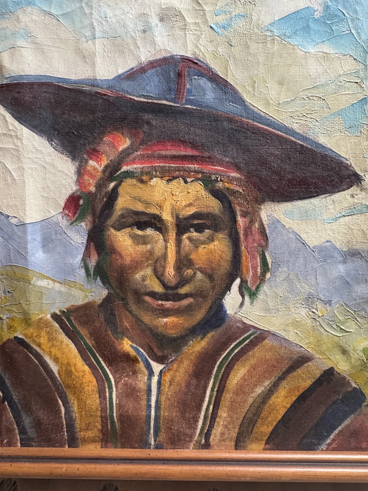 Vintage N A Initialed Andean Man Portrait Oil Painting on Canvas Wood Frame 13.5