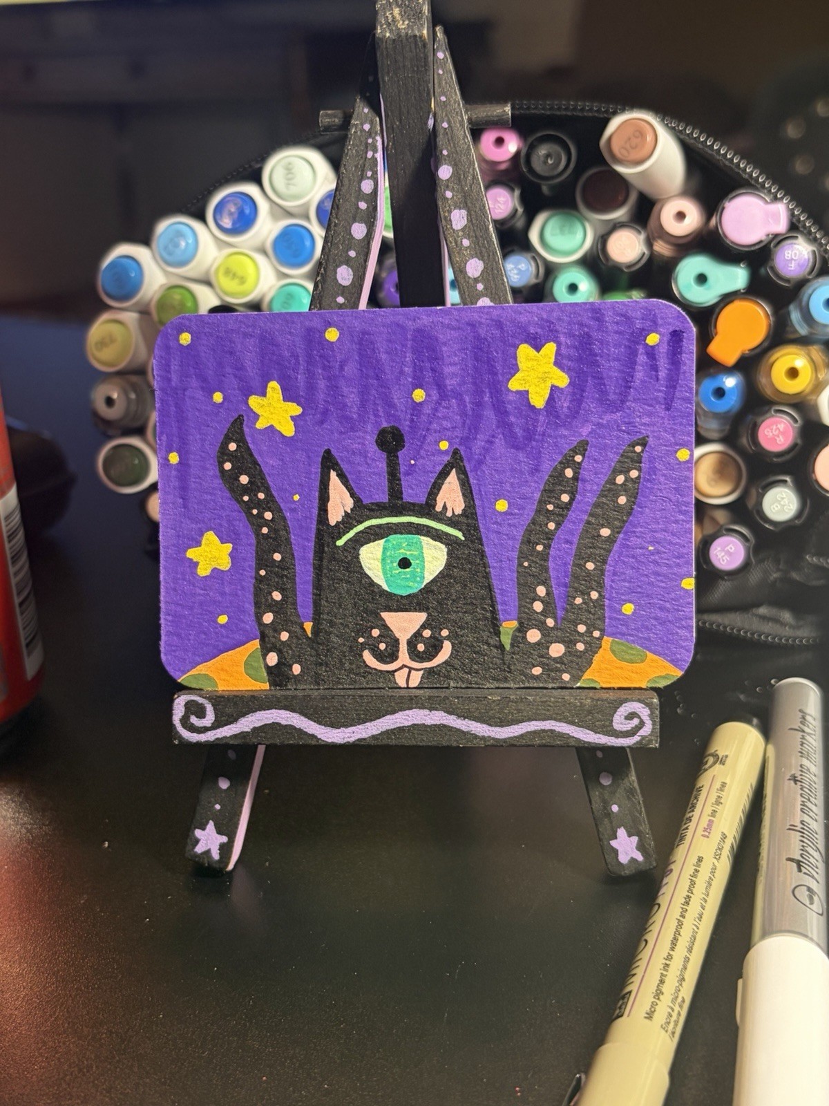 ACEO Original Acrylic Painting Art Card Hand Painted By Sillylilshop Alien Kitty