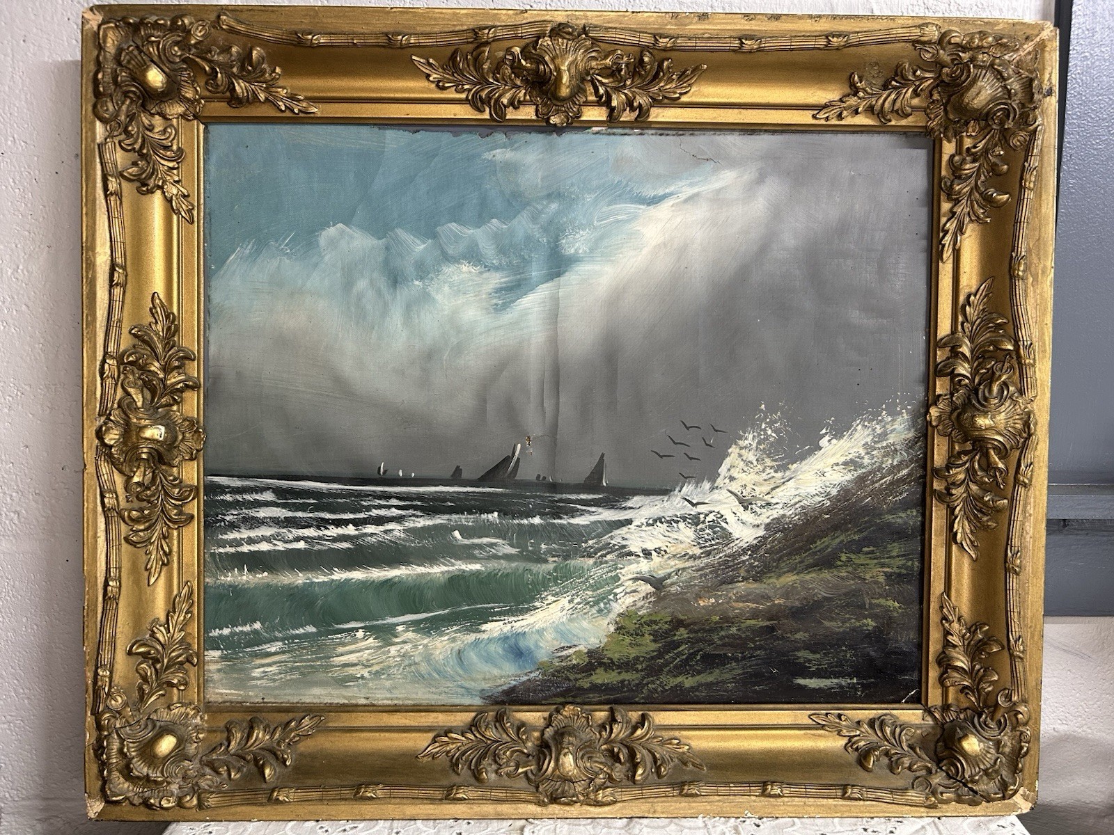 Antique William M Lemos Original Seascape Oil Painting Ornate Gilt Frame 24×20