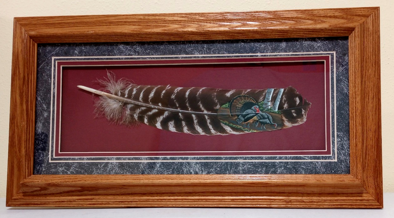 Beautiful Framed Hand-Painted Wild Turkey Feather Wildlife Art, One of a Kind