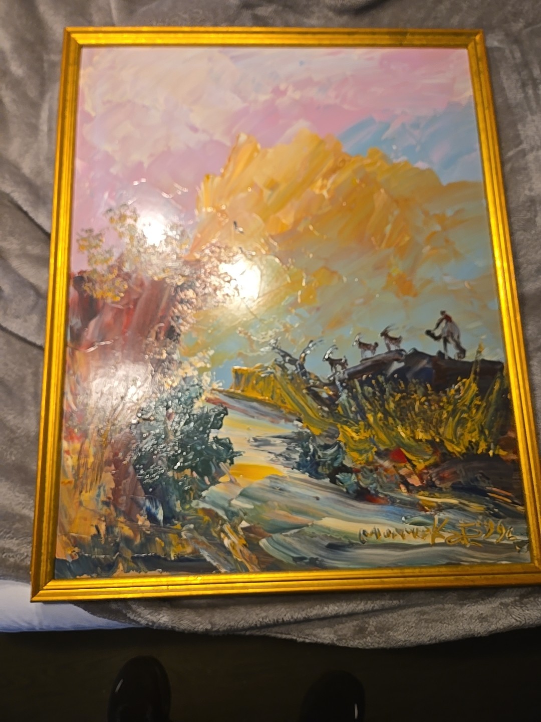 Goats by The Cliff 29 X 23 Framed Morris Katz Original Painting 1990