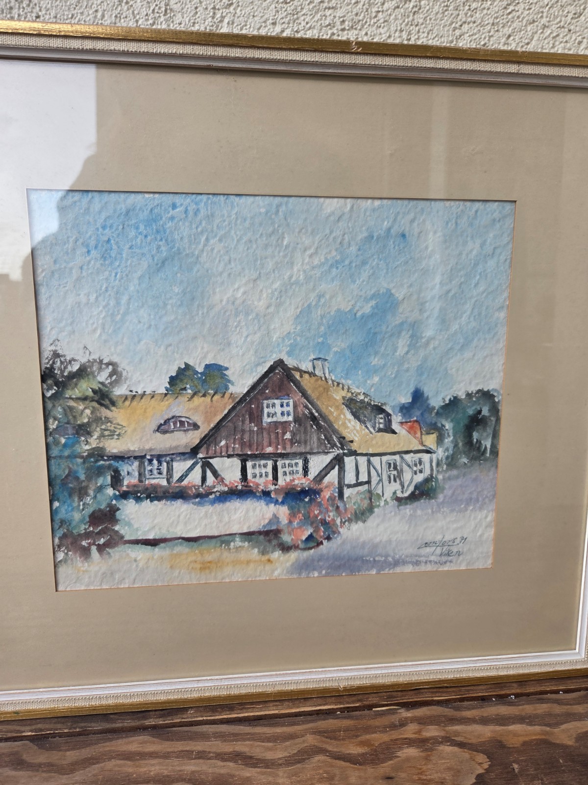 Original Swedish Watercolor Painting 1971, Viken Coastal Village Scene