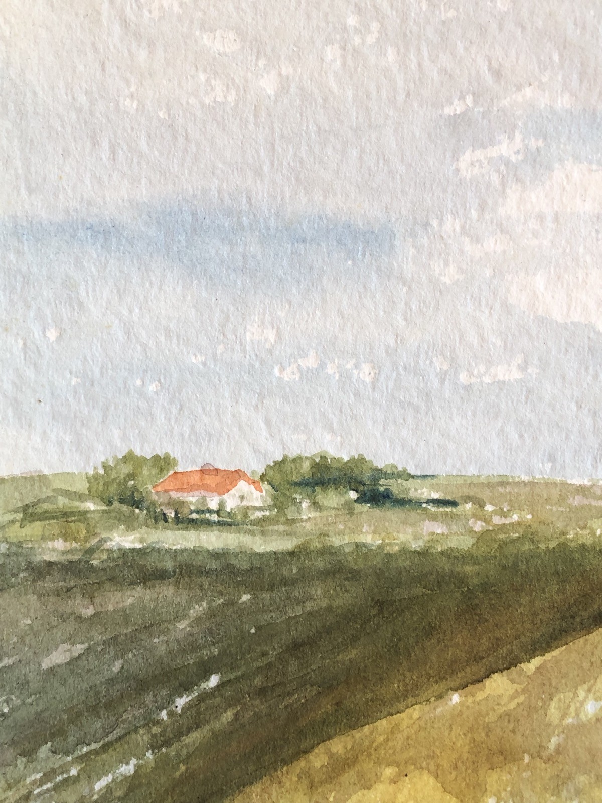 IMPRESSIONIST – WIDE FIELDS UNDER BLUE SKY – DENMARK – WATERCOLOUR 31 X 20.5