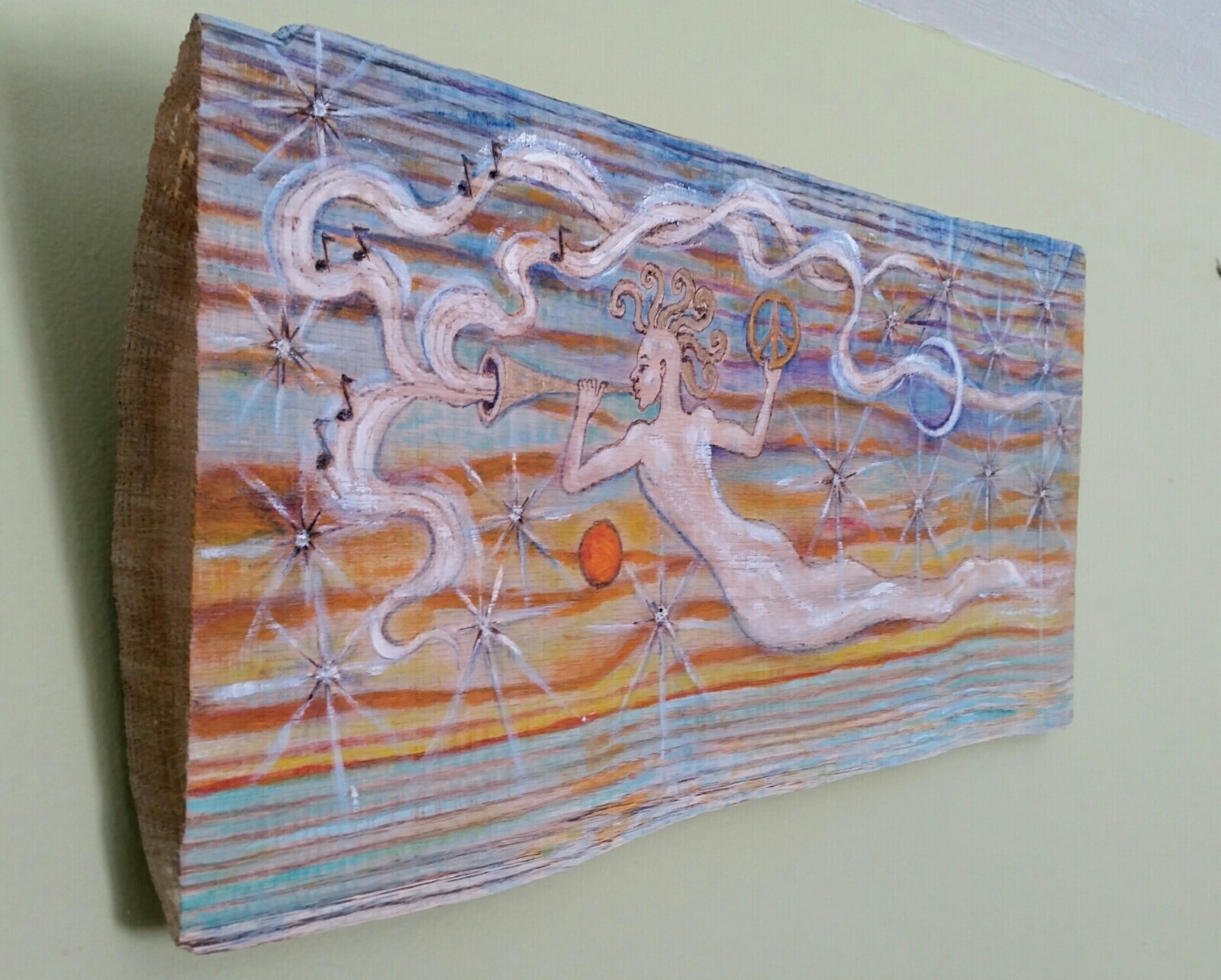 Angel of Peace, original Oil Painting with Wood Burning on Wood Log