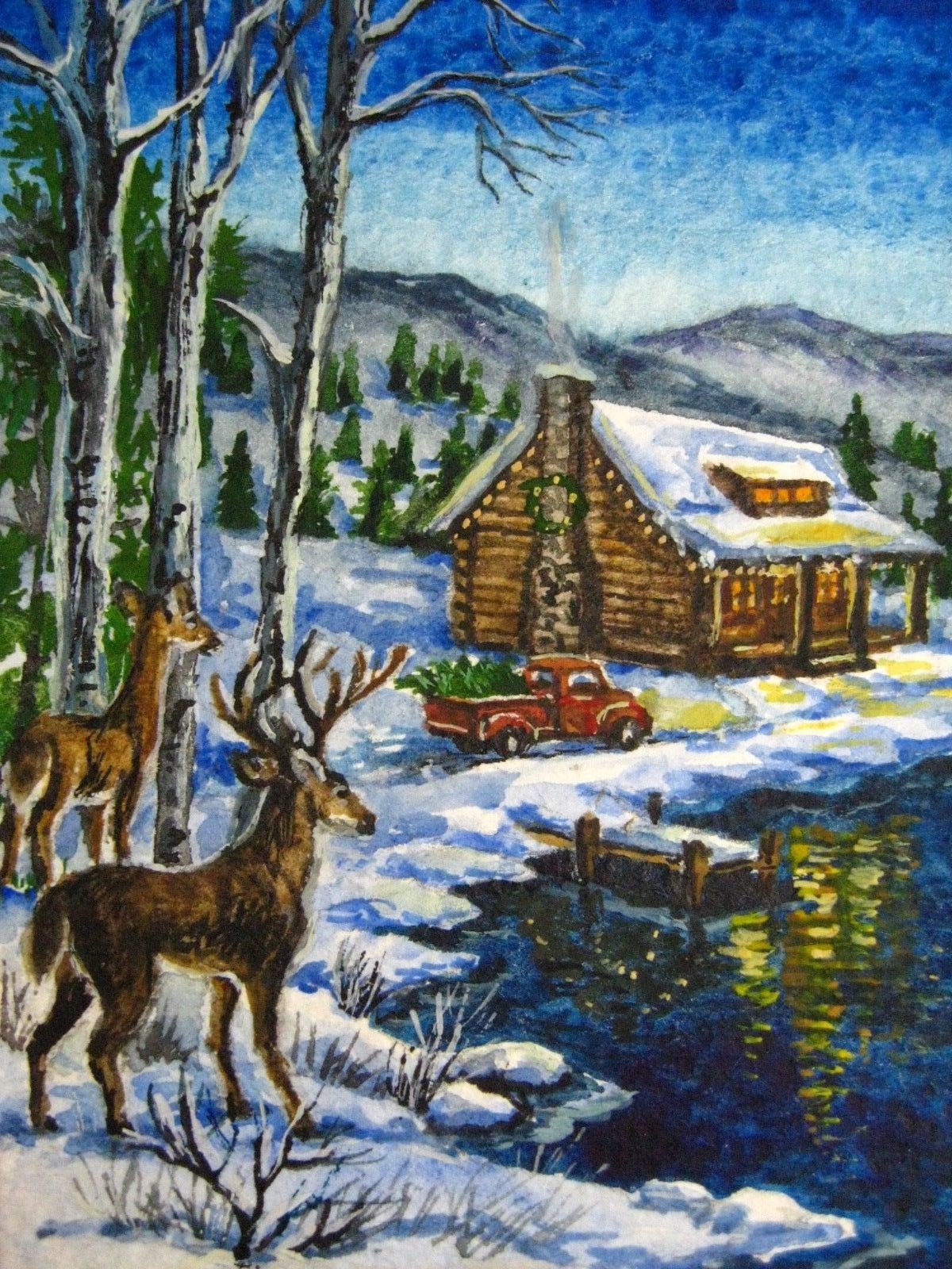 Painting Winter Snow House Cabin Deer Red Truck Lake Mountains Nature ACEO Art